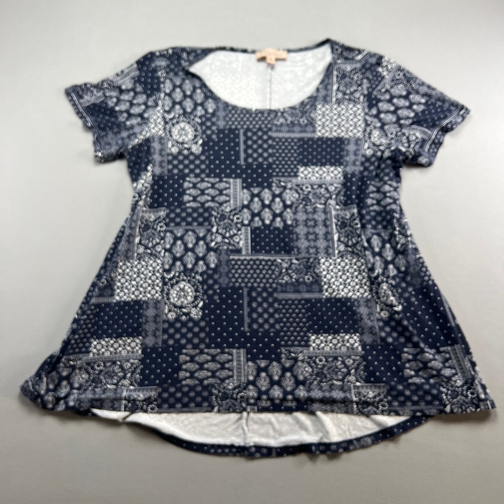 Philosophy Tunic Top Womens 1X Blue White Geometric Patchwork Rayon Stretch Boho